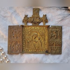 Antique Russian Orthodox Three Panel Folding Brass Icon Mother 18th-19thc. D-063